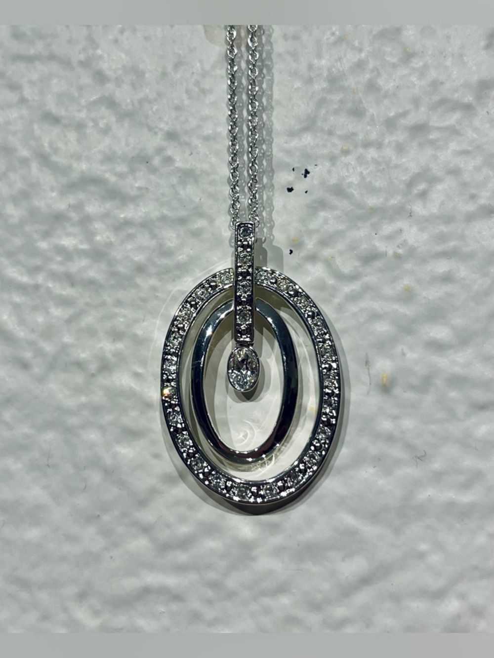 Silver-Tone Double Oval Pendant Necklace with Rhinestone Accents